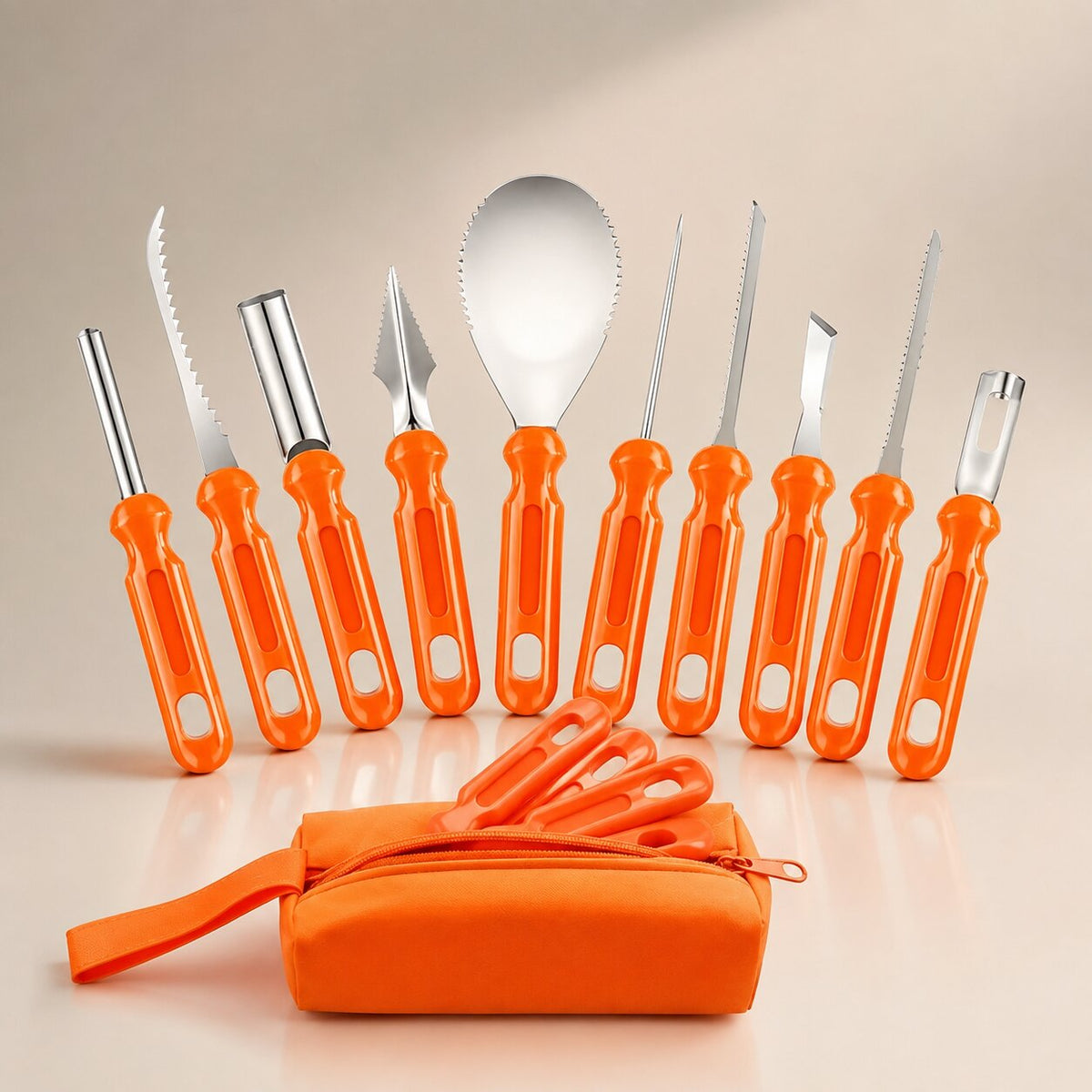 Kürbisschnitzset für Halloween | 10-teiliges Set mit Aufbewahrungstasche | Edelstahlklingen, Gesamtlänge bis 19 cm 1