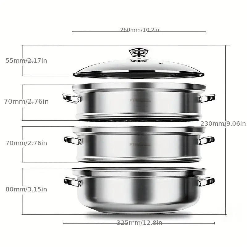 3-Schicht-Dampfgarer aus Edelstahl | Mehrschichtiges Design für gleichzeitiges Garen | Erhält Nährstoffe und Aromen 9
