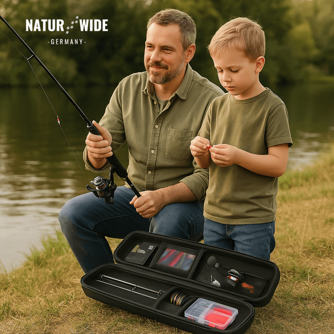 Angelset 5-teilig für Karpfen & Raubfische | Teleskoprute 2,4 m & Baitcaster-Rolle 6 kg Max Drag | Carbonfaser, inkl. Zubehör 4