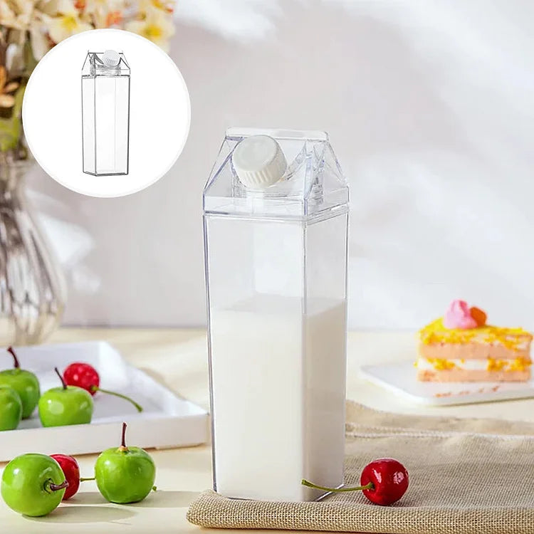 Trinkflasche Milchkarton-Design PP+PS, 500/1000 ml | Transparent, Quadratisch, 2er-Set | Auslaufsicher & BPA-frei 1