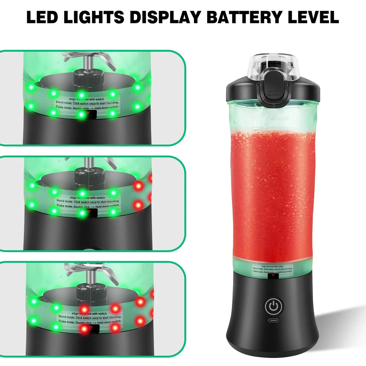 Tragbarer Mixer & Entsafter 2in1 | 600 ml Becher, 6 Edelstahlklingen, 18000 U/min | USB-Akku mit 12 LED-Anzeige 5