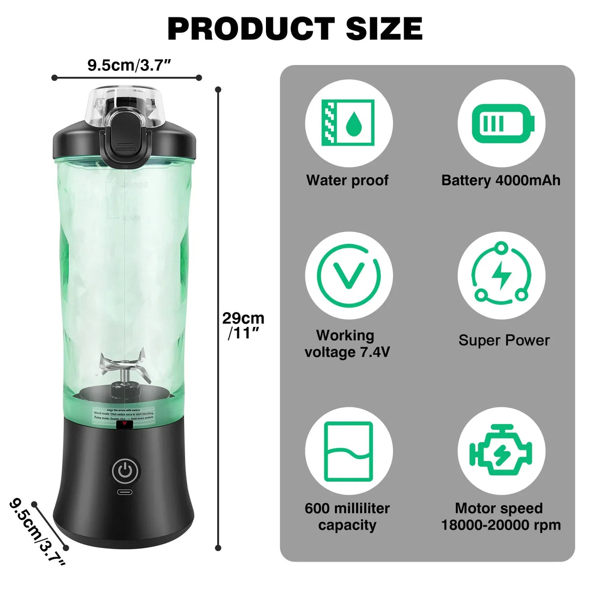 Tragbarer Mixer & Entsafter 2in1 | 600 ml Becher, 6 Edelstahlklingen, 18000 U/min | USB-Akku mit 12 LED-Anzeige 6