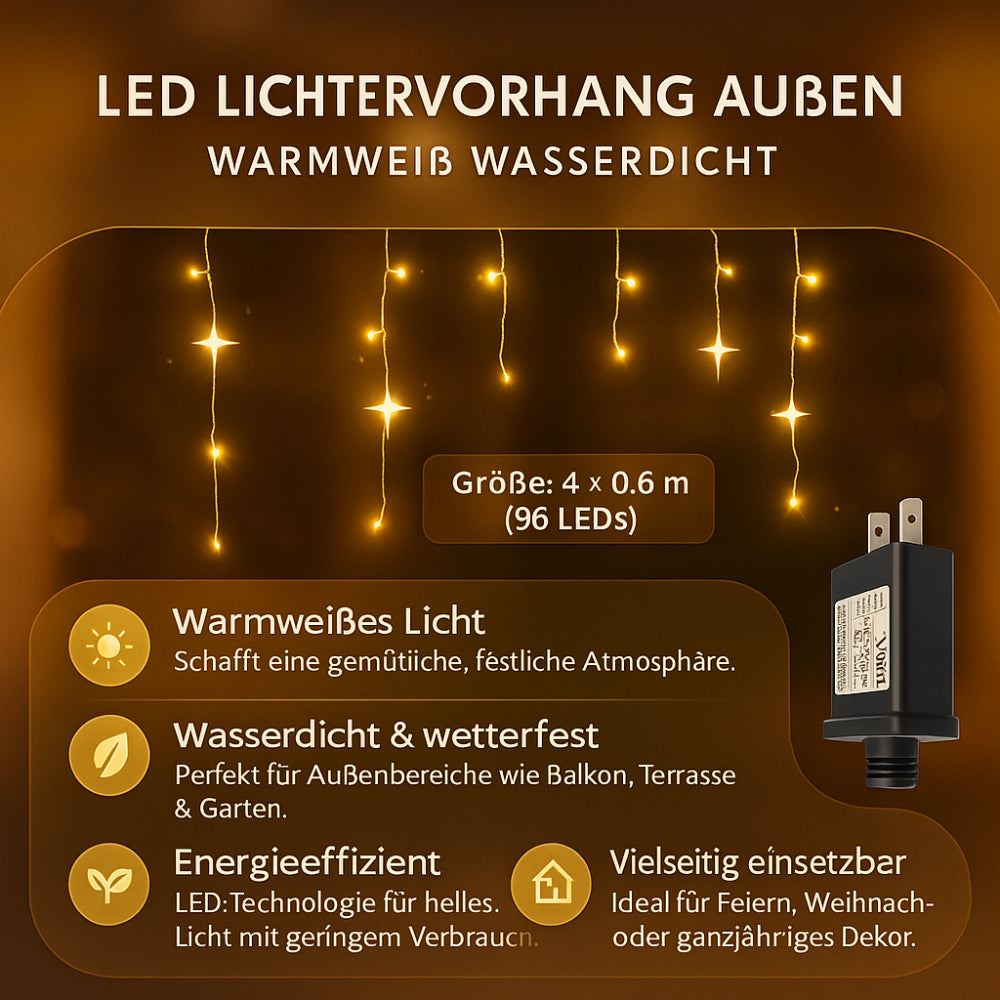 LED Lichtervorhang Außen Wasserdicht Warmweiß | 4M bis 32M Breite, 0,6M Höhe | Weihnachtsdeko für Balkon, Garten & Fassade 2