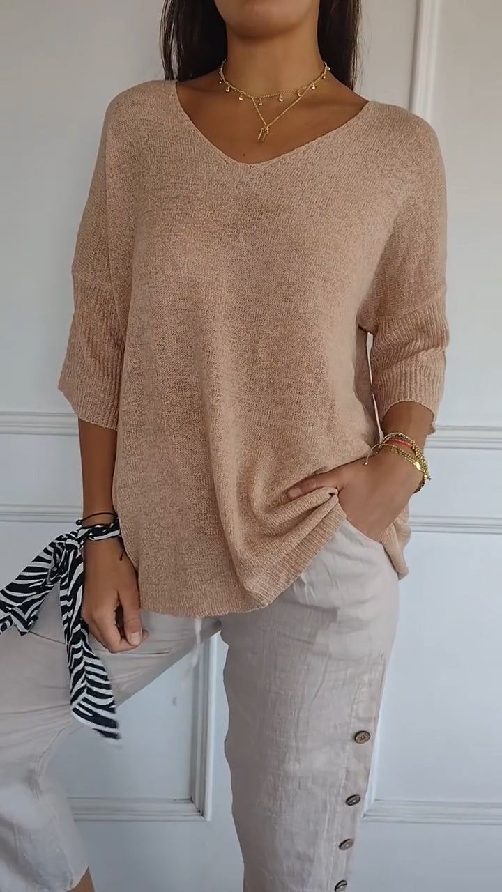 Pully™ - Unifarbenes gestricktes Top mit V-Ausschnitt