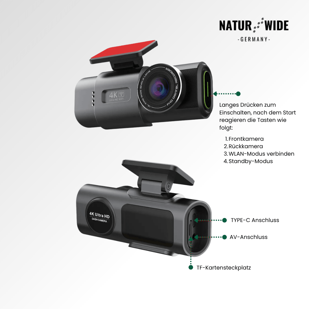 4K Dashcam mit Nachtsicht & Doppelkamera | WLAN, GPS, G-Sensor & 24H Parküberwachung | Front 4K, Heck 1080p, Loop-Recording 2