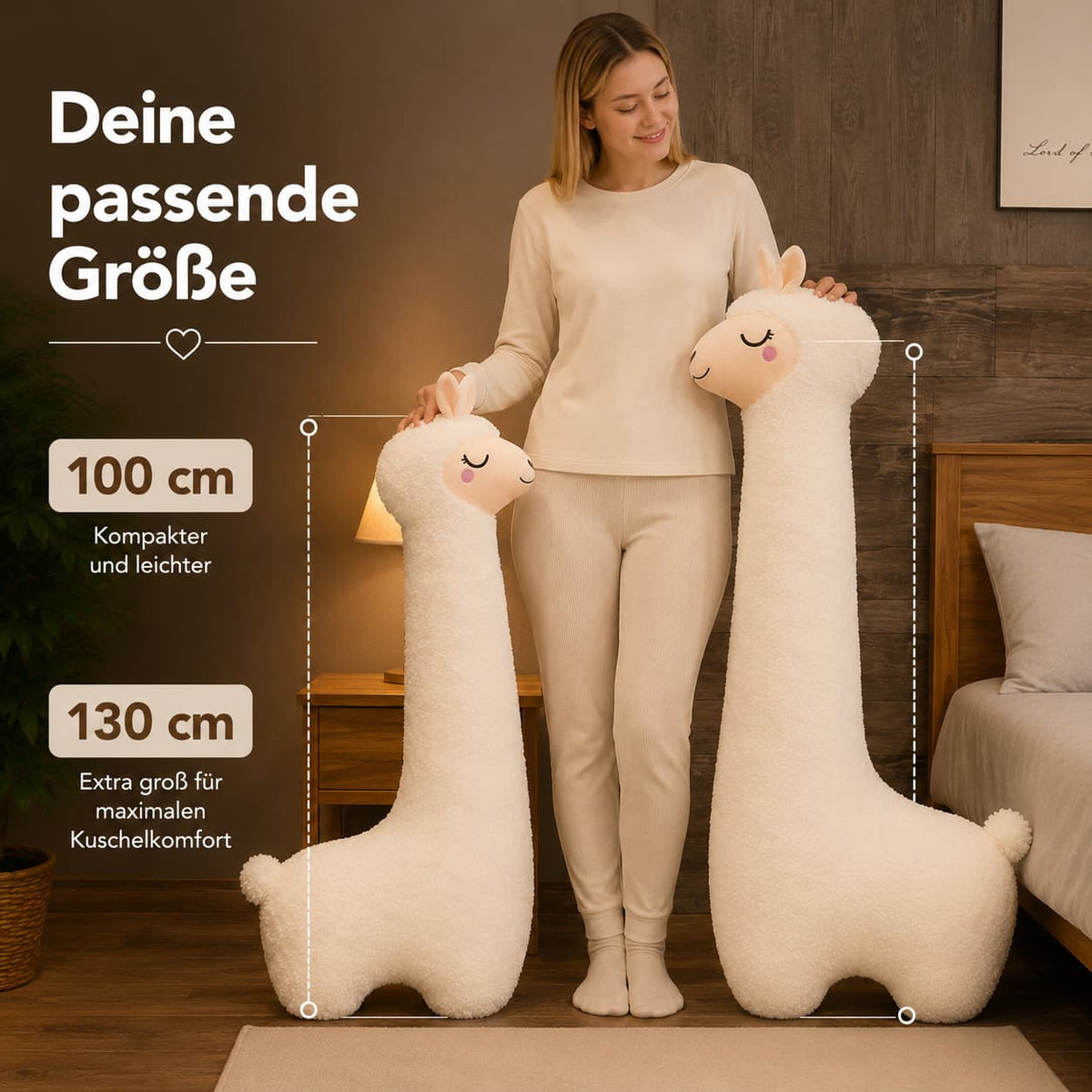 Alpaka Seitenschläferkissen Plüsch 100/130 cm | Weiß oder Braun | Flauschiges Ganzkörperkissen zum Kuscheln und Anlehnen 3