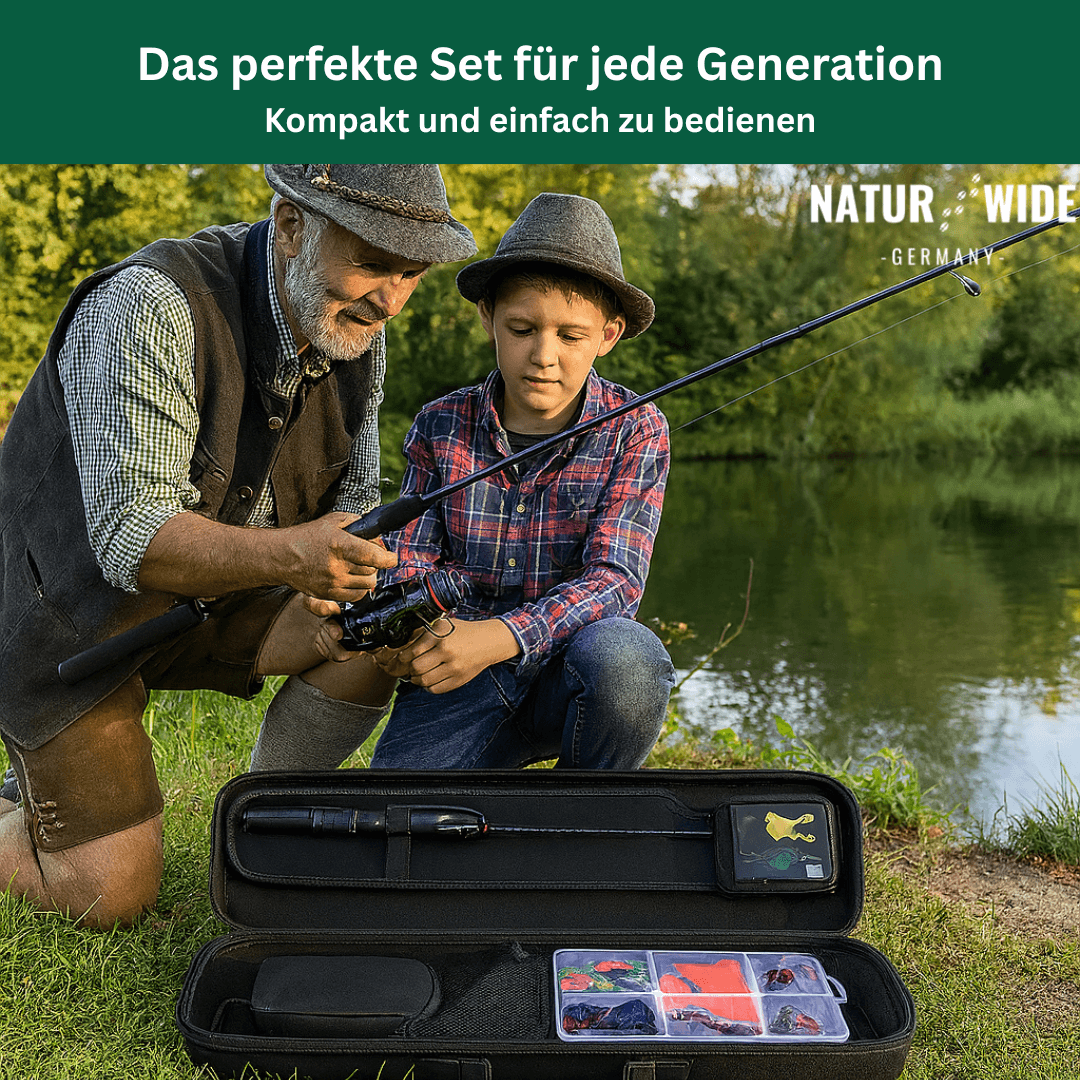 Angelset 5-teilig für Karpfen & Raubfische | Teleskoprute 2,4 m & Baitcaster-Rolle 6 kg Max Drag | Carbonfaser, inkl. Zubehör 6