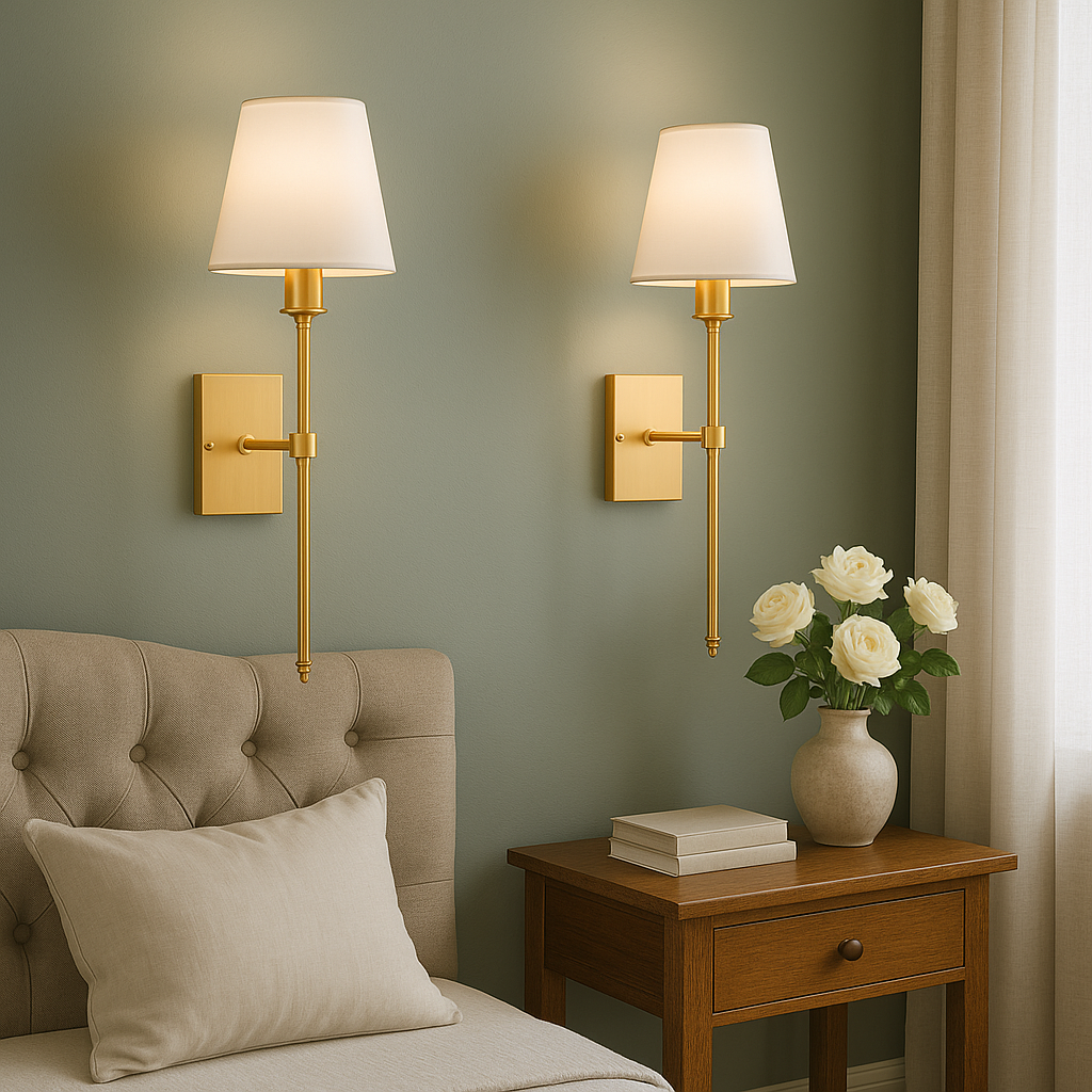 Wandlampen-Set mit Stoffschirm 16 x 58 cm | 2er Set in Schwarz, Silber oder Gold | LED, 3 Lichtmodi, kabelgebunden 110–220V 3