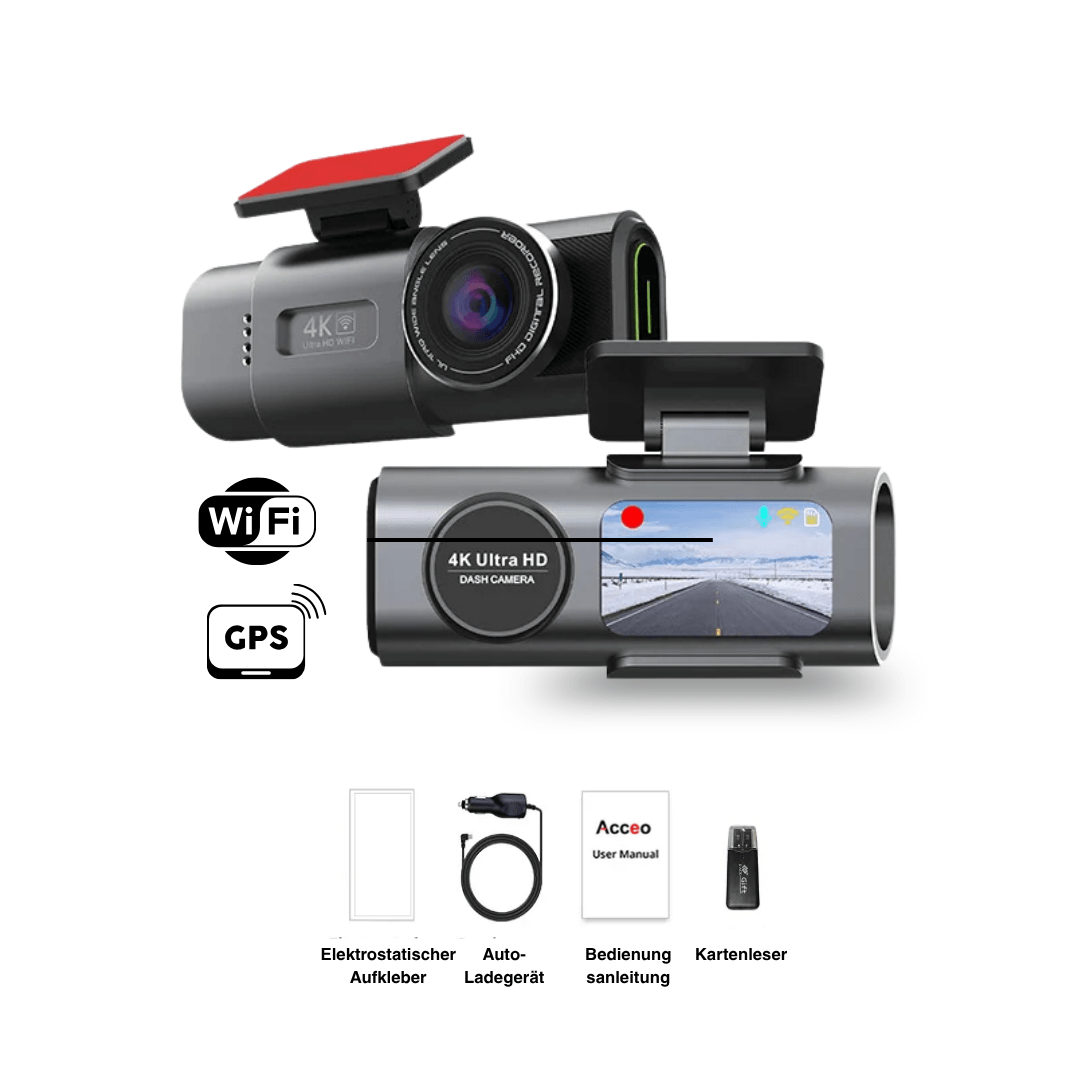 4K Dashcam mit Nachtsicht & Doppelkamera | WLAN, GPS, G-Sensor & 24H Parküberwachung | Front 4K, Heck 1080p, Loop-Recording 12