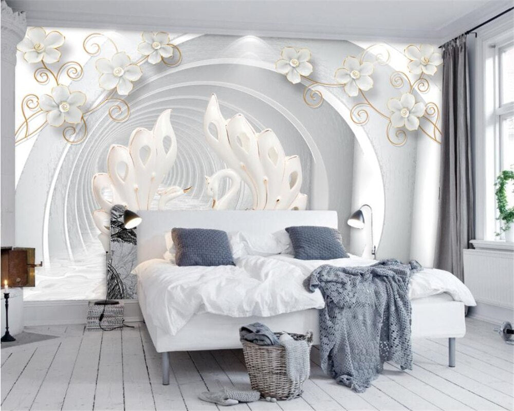 3D floral wallpaper with white swan and golden blooms creating an elegant focal point in a bright master bedroom