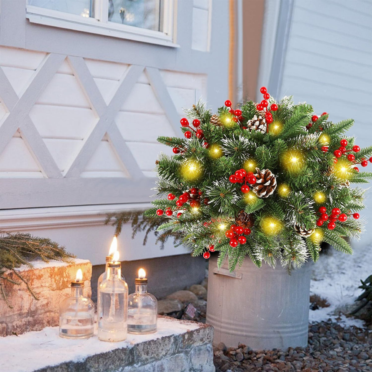 Leuchtender Weihnachtskranz für Topf & Deko | 50 warmweiße LED-Lichter, 8 Lichtmodi | Innen & Außen mit Standfuß 1
