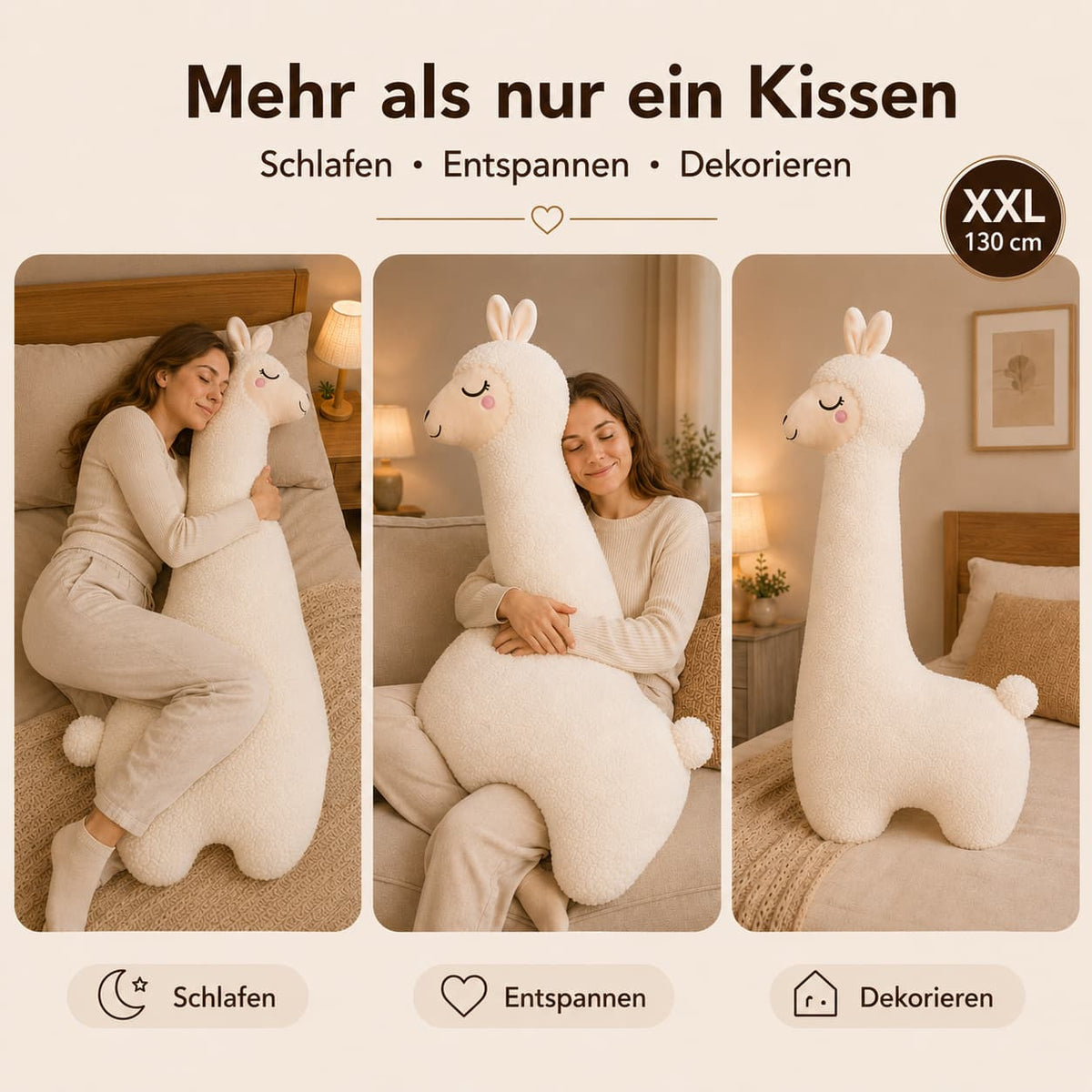 Alpaka Seitenschläferkissen Plüsch 100/130 cm | Weiß oder Braun | Flauschiges Ganzkörperkissen zum Kuscheln und Anlehnen 6