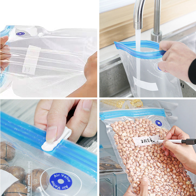 Vakuumierbeutel Set, wiederverwendbar, transparent, mit Luftventil, ideal für Lebensmittelaufbewahrung.