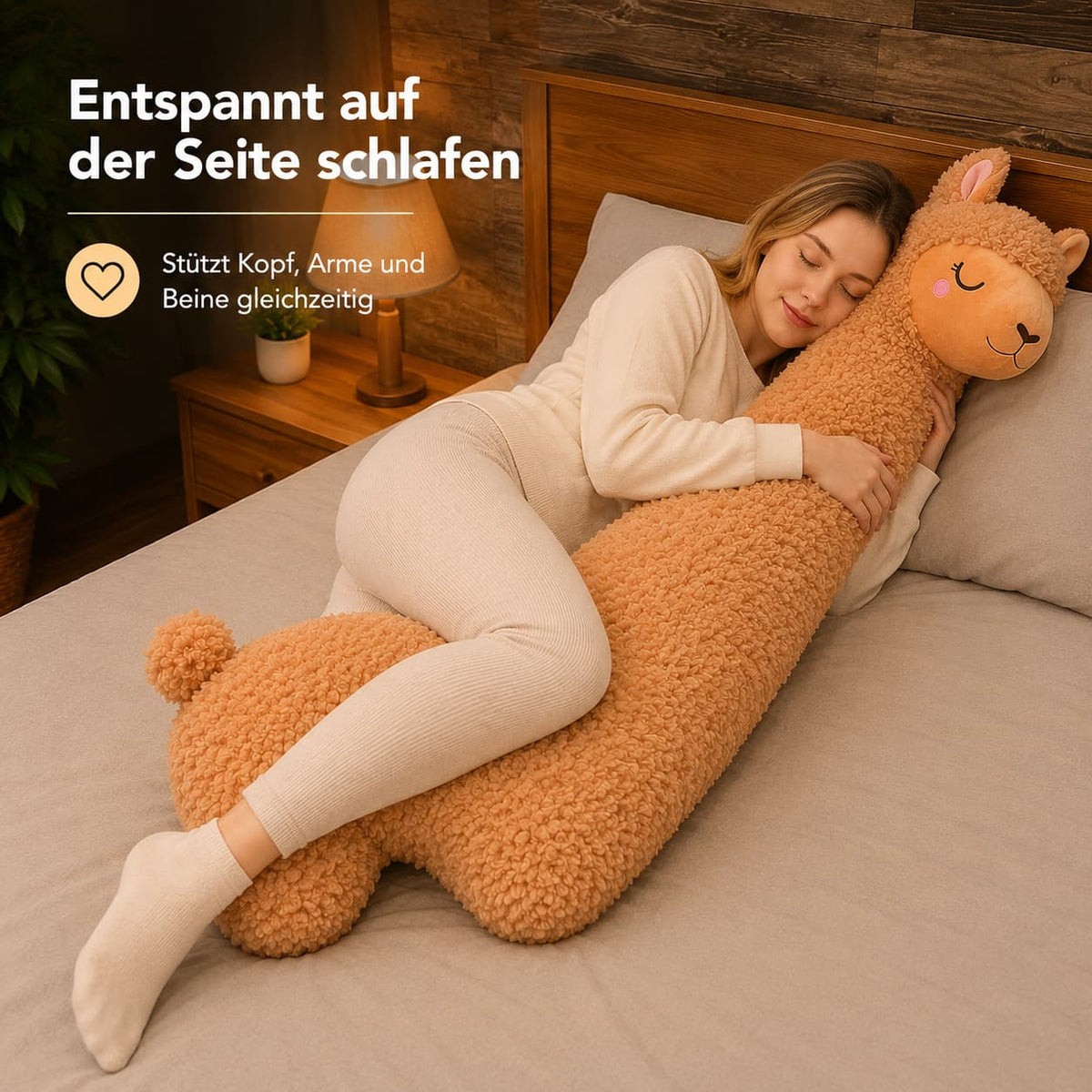 Alpaka Seitenschläferkissen Plüsch 100/130 cm | Weiß oder Braun | Flauschiges Ganzkörperkissen zum Kuscheln und Anlehnen 2