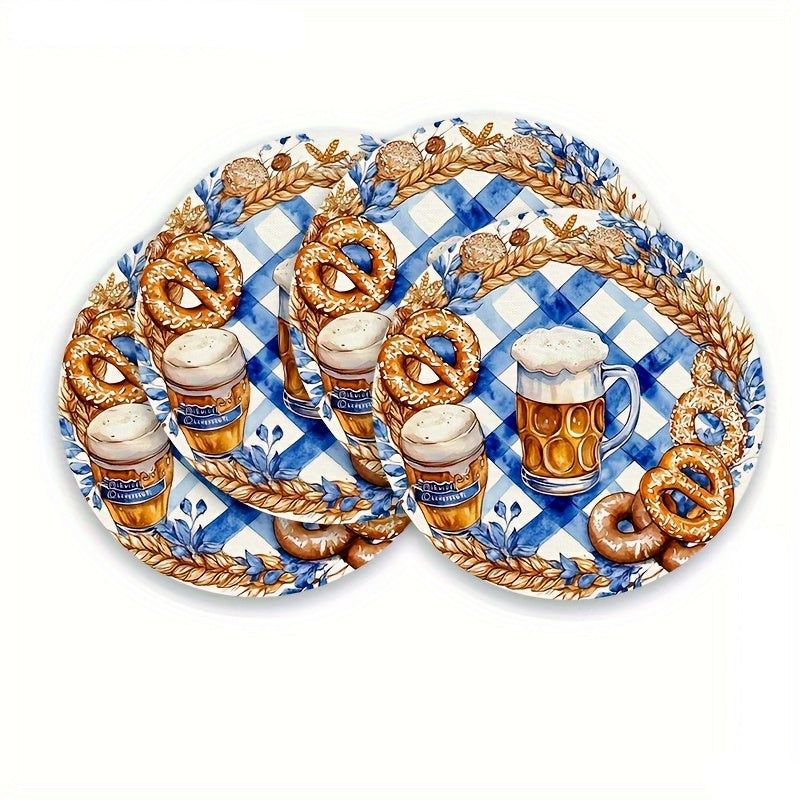 Runde Holz-Platzsets Oktoberfest | 4er Set mit Bierkrug- und Brezn-Motiven | Robust für Küche, Esszimmer und Garten 2