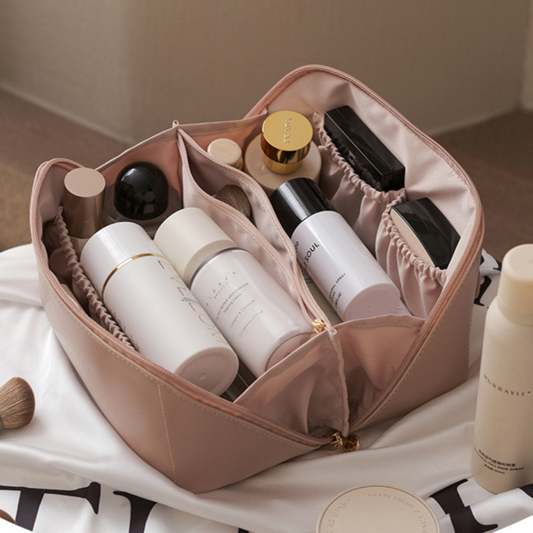 Kosmetiktasche Kunstleder mit 5 Fächern | 23,5x11x10,5 cm, wasserabweisend | Erhältlich in Rosa, Braun, Schwarz, Creme 3