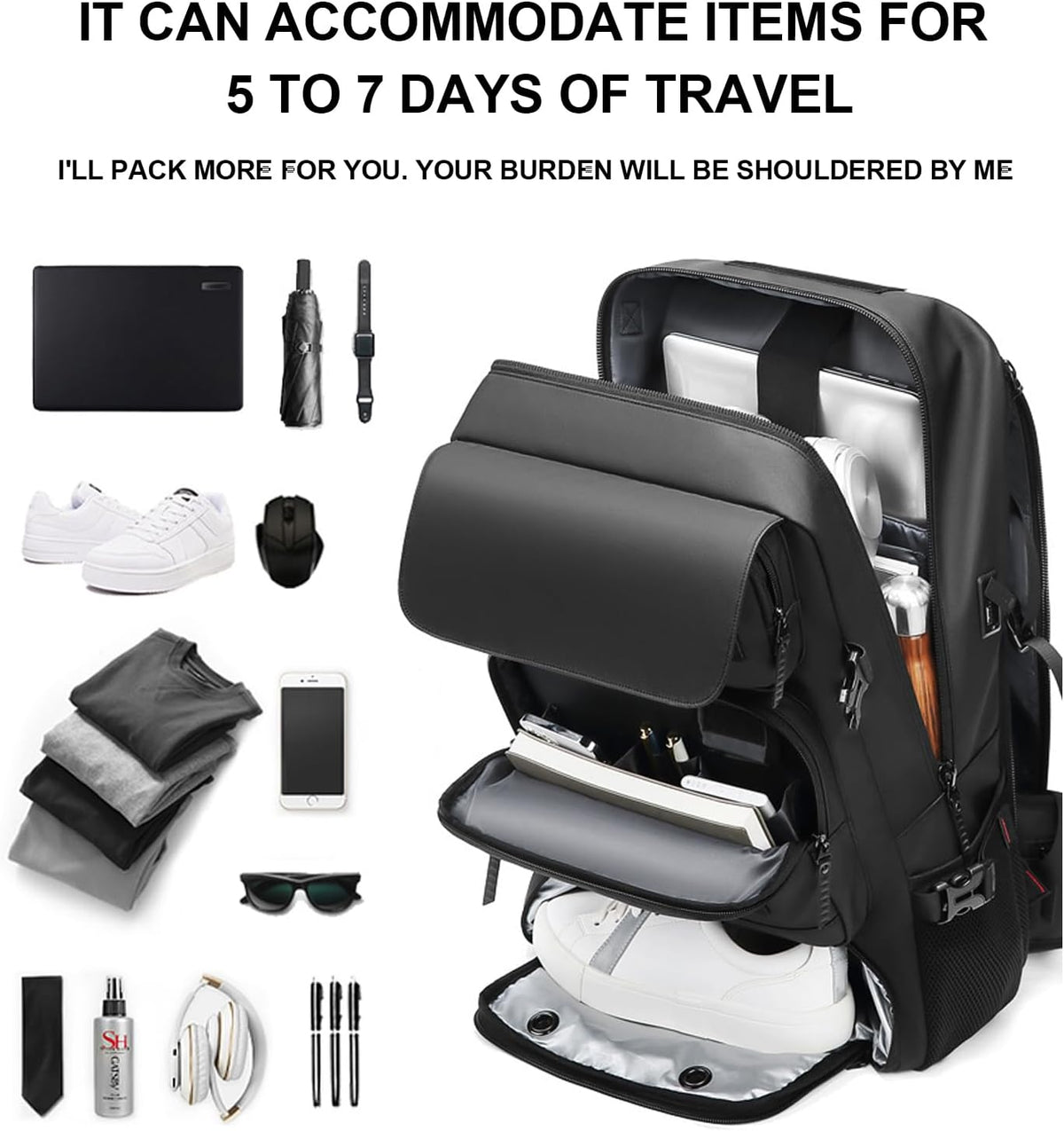 50L Reiserucksack Wasserdicht | Schuhfach & USB-Ladeanschluss | Laptopfach 17 Zoll, Diebstahlsicherer Reißverschluss 4