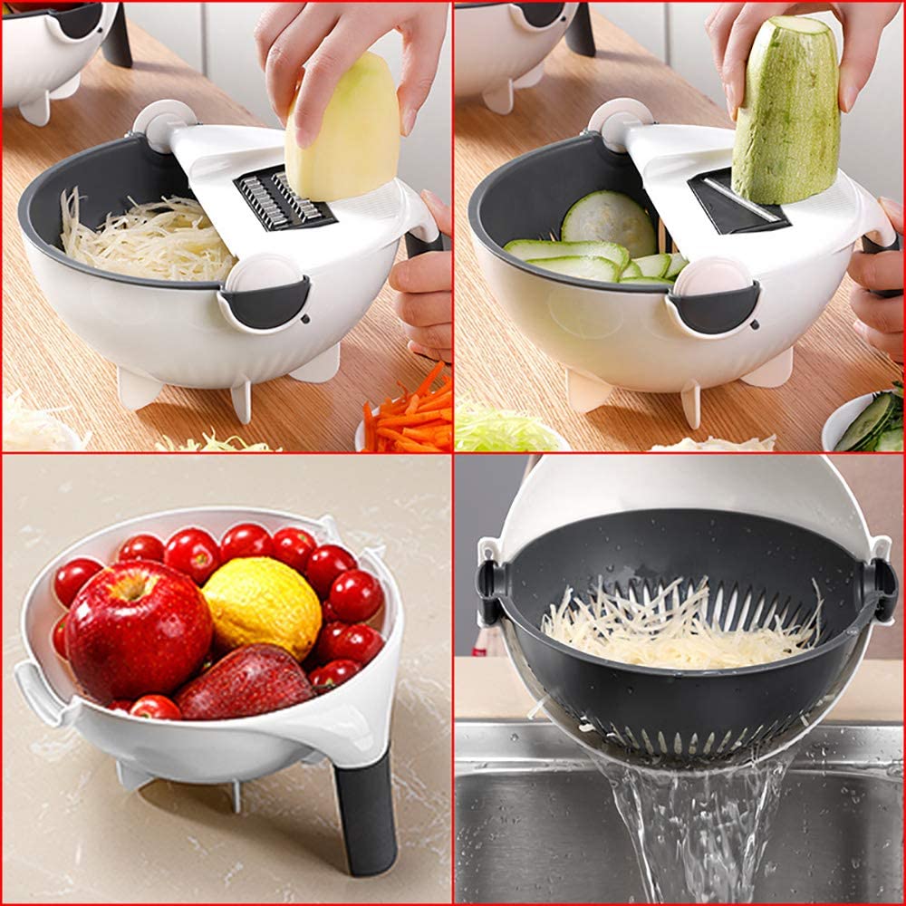Gemüseschneider Edelstahl 9-in-1 | 7 Aufsätze, Abtropfsieb & 2-Liter-Behälter | Schneiden, Hobeln, Raspeln ohne Kraftaufwand 2