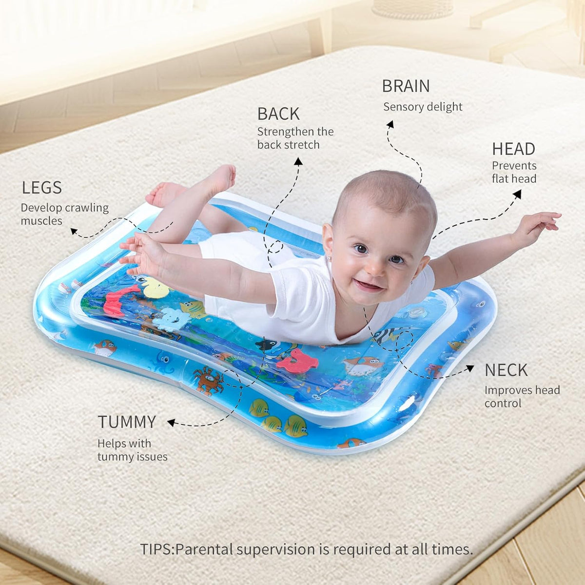 Baby Wassermatte PVC BPA-frei 66 x 50 cm | Blau mit Meeresmotiven, ab 3 Monaten | Fördert Motorik, Sinne & Bauchzeit 4