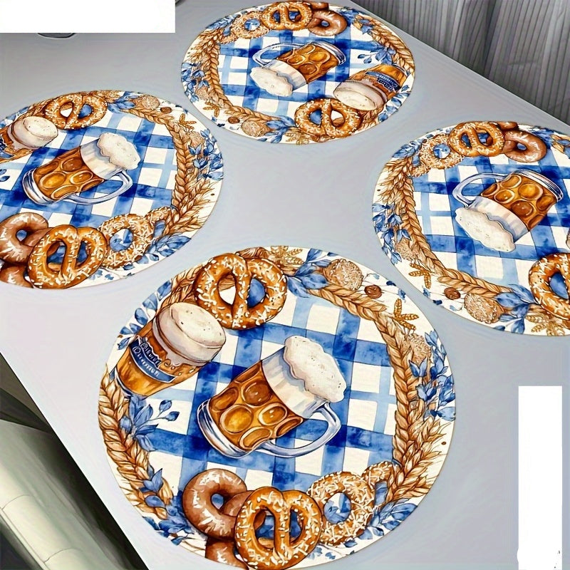 Runde Holz-Platzsets Oktoberfest | 4er Set mit Bierkrug- und Brezn-Motiven | Robust für Küche, Esszimmer und Garten 1