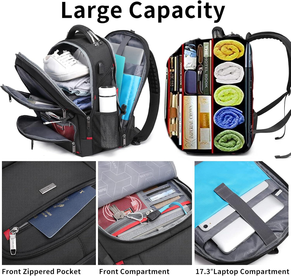 50L Reise-Laptoprucksack Nylon | USB-Anschluss, TSA-Öffnung, Laptopfach bis 17 Zoll | Wasserabweisend, gepolstert 4