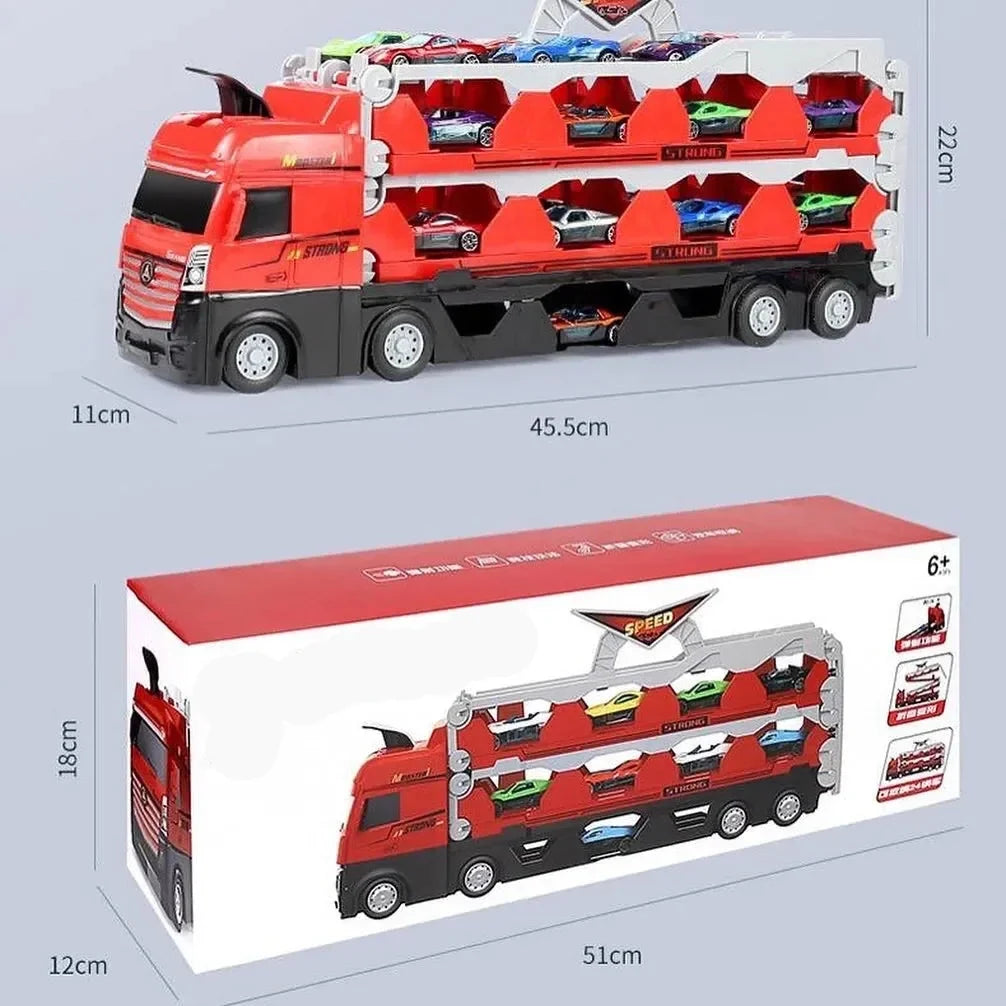 Rennstrecke Lastwagen 207 cm | 2in1 Transporter & Ausklappbare Rennbahn | Inklusive 12 Rennautos & Stauraum für Kinder 6