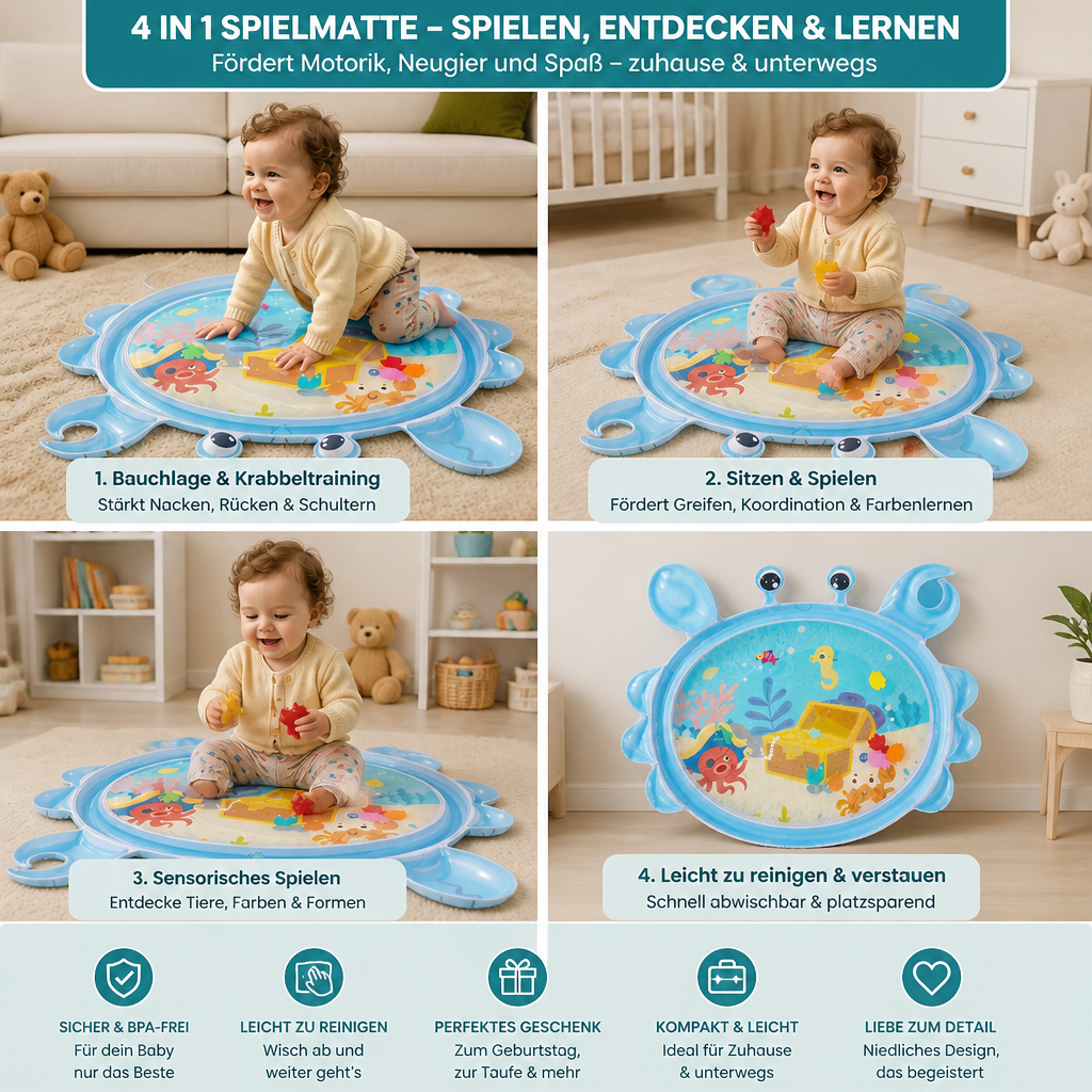 2-in-1 Wasserspielmatte für Bauchlage | Wassergefüllt mit Schwimmenden Figuren | Fördert Greifen und Feinmotorik 4