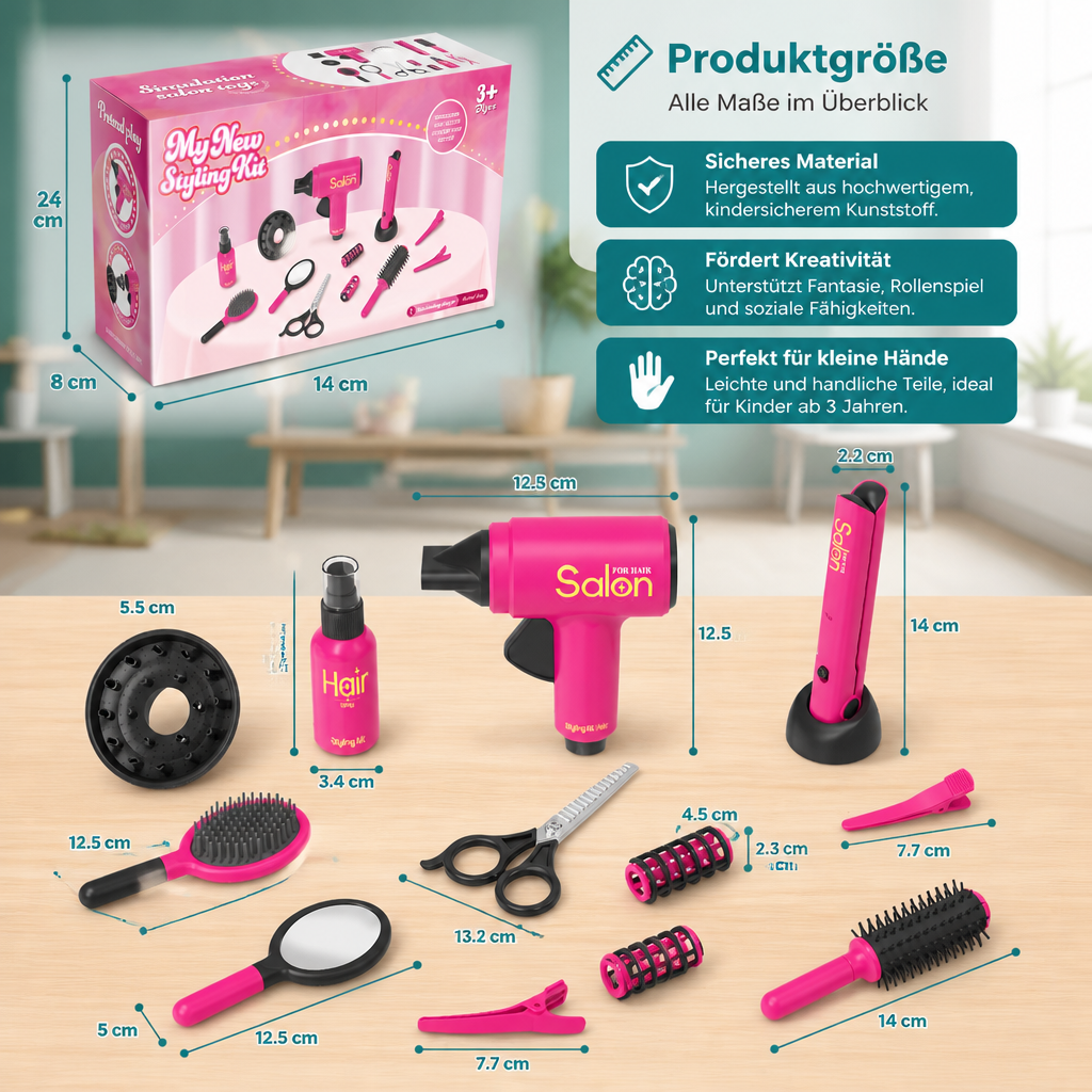 Friseursalon Rollenspielset für Kinder, 14 Teile | Schere, Kamm, Fön & Zubehör | Fördert Feinmotorik und Kreativität 5
