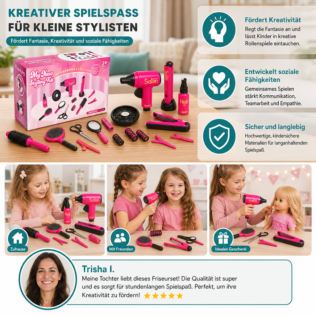 Friseursalon Rollenspielset für Kinder, 14 Teile | Schere, Kamm, Fön & Zubehör | Fördert Feinmotorik und Kreativität 3