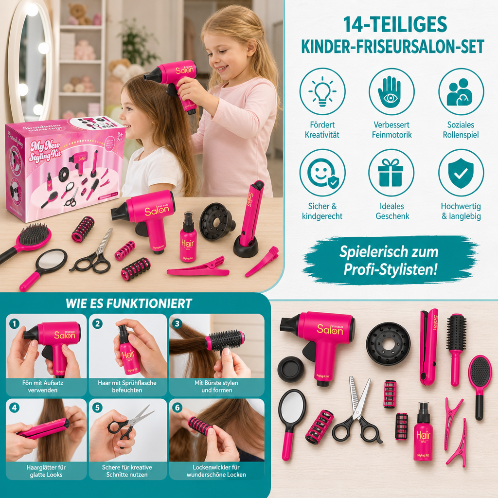 Friseursalon Rollenspielset für Kinder, 14 Teile | Schere, Kamm, Fön & Zubehör | Fördert Feinmotorik und Kreativität 2