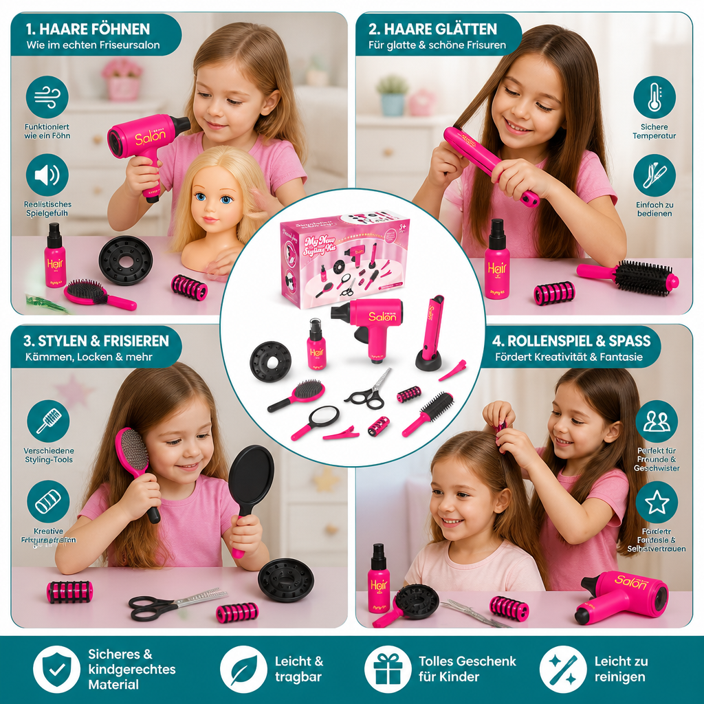 Friseursalon Rollenspielset für Kinder, 14 Teile | Schere, Kamm, Fön & Zubehör | Fördert Feinmotorik und Kreativität 4