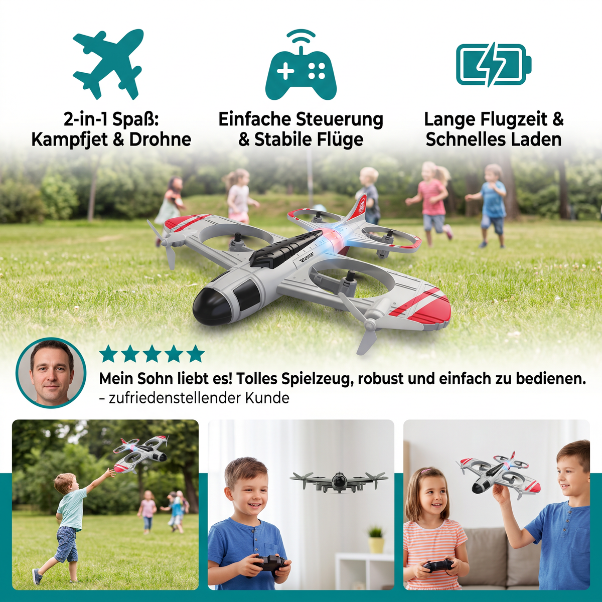 Ferngesteuertes Kampfjet- & Drohnen-Spielzeug 2-in-1 | Jet- und Drohnenflug kombiniert | Für drinnen und draußen geeignet 5