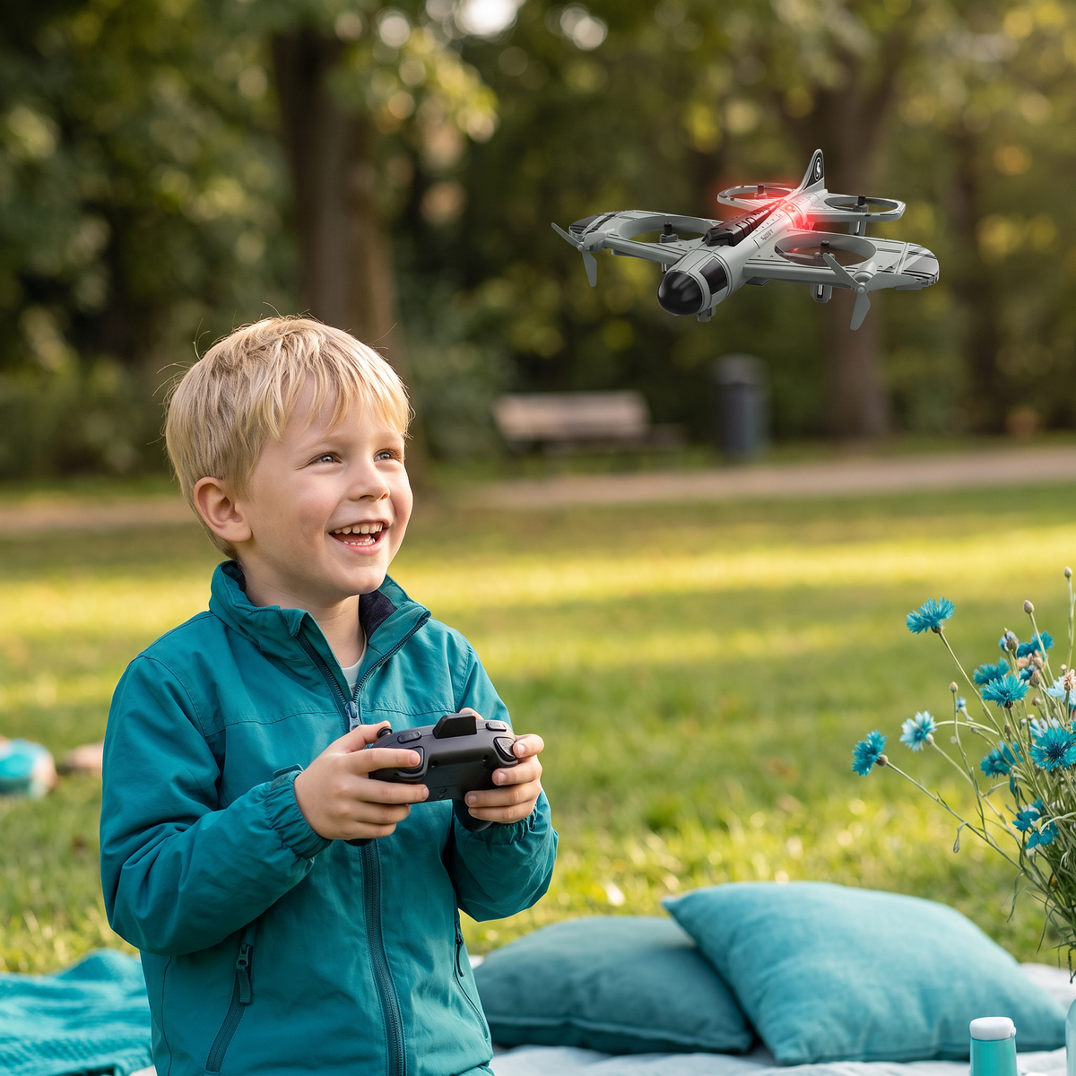 Ferngesteuertes Kampfjet- & Drohnen-Spielzeug 2-in-1 | Jet- und Drohnenflug kombiniert | Für drinnen und draußen geeignet 4