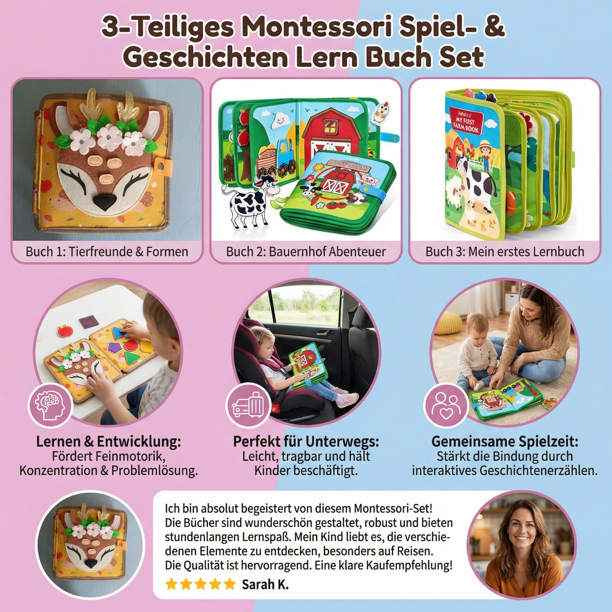 Montessori Lern- & Geschichtenbuch Set 3-teilig | Spielerisches Lernen & Erzählen | Fördert Konzentration bei Kindern 5