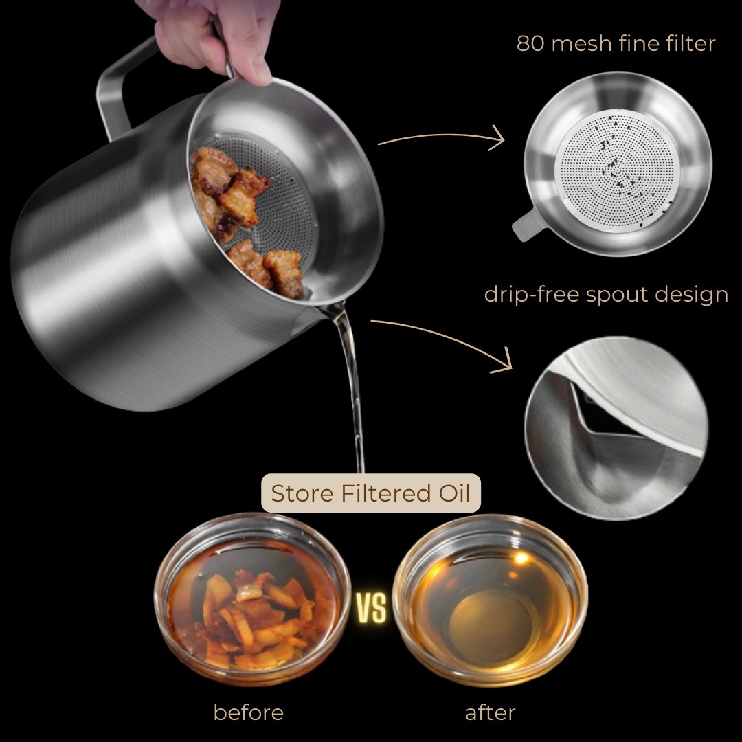 2-in-1 Ölsiebtopf aus Edelstahl 304 | Integriertes Filternetz zum Frittieren und Abseihen | Öl mehrfach wiederverwenden 2