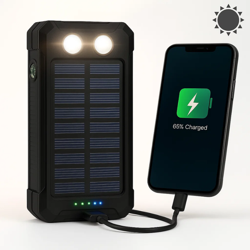 Solar Powerbank 20000 mAh | Wasserdicht, Stoßfest & Regenbeständig | LED-Taschenlampe mit mehreren Modi für Camping und Reisen 12