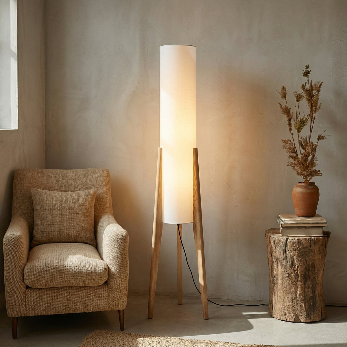 Stehlampe Walnussholz 127 cm | Stoffschirm mit Messingakzenten | Blendfreies LED-Licht für Wohnzimmer & Schlafzimmer 7