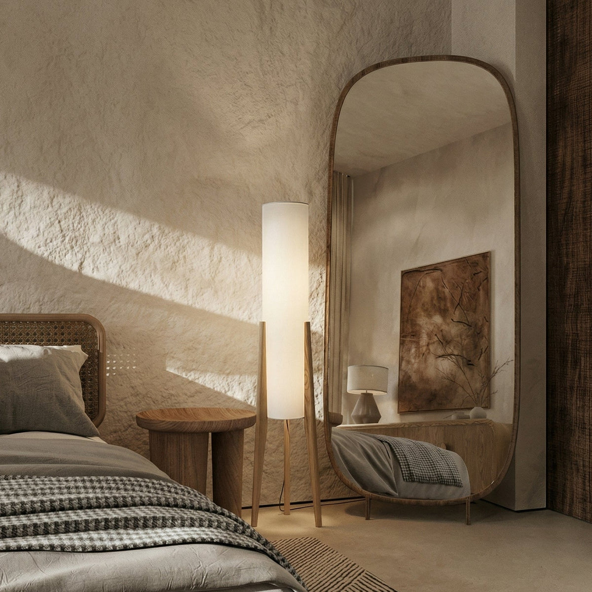 Stehlampe Walnussholz 127 cm | Stoffschirm mit Messingakzenten | Blendfreies LED-Licht für Wohnzimmer & Schlafzimmer 2