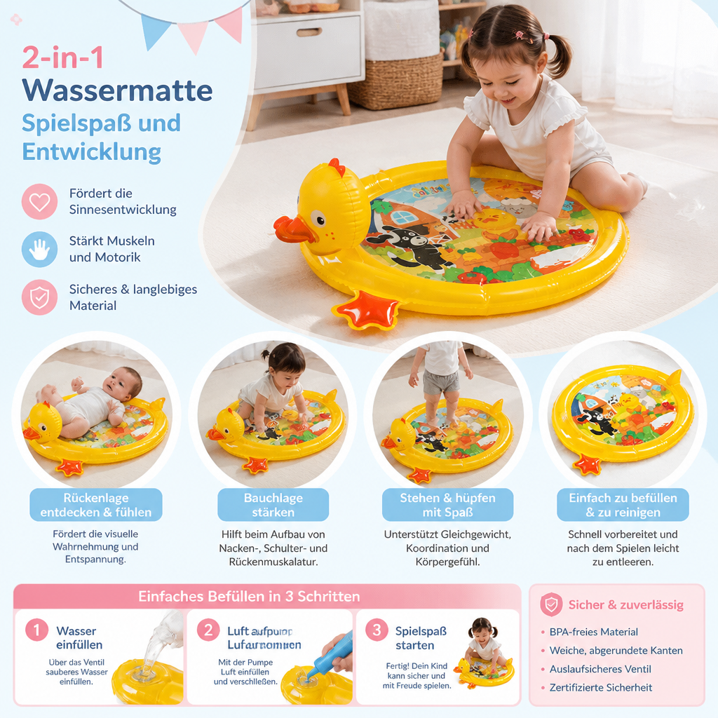 Wasserspielmatte Baby aufblasbar | 2-in-1 Enten-Design | Fördert Hand-Auge-Koordination und die Sinneswahrnehmung 3