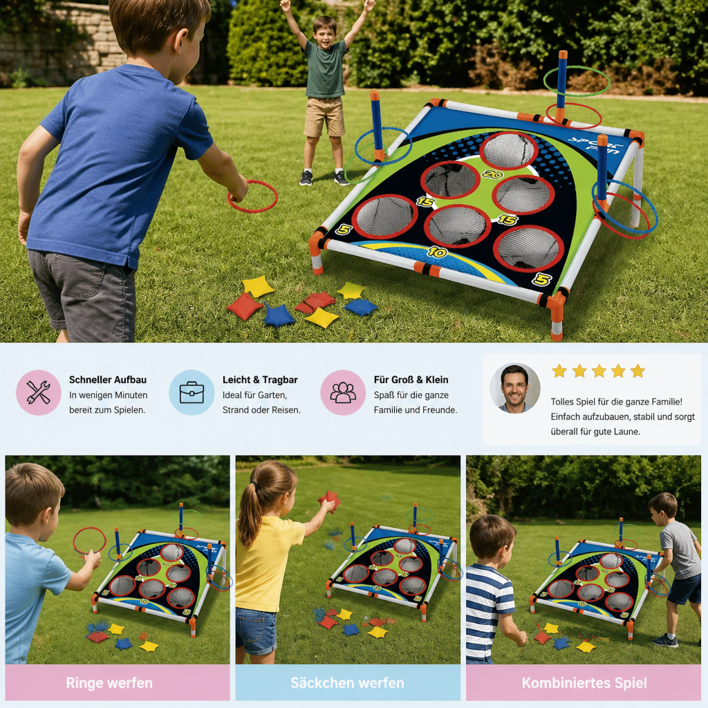 2in1 Cornhole & Ringe Wurfspiel Set | Leicht, Kompakt & Schnell Aufgebaut | Ideal für Garten, Strand und Reisen 4
