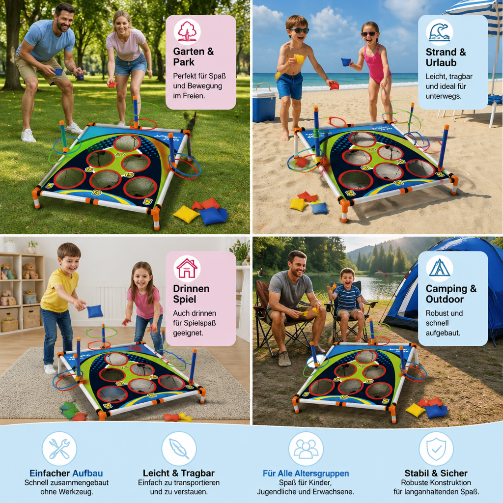 2in1 Cornhole & Ringe Wurfspiel Set | Leicht, Kompakt & Schnell Aufgebaut | Ideal für Garten, Strand und Reisen 5