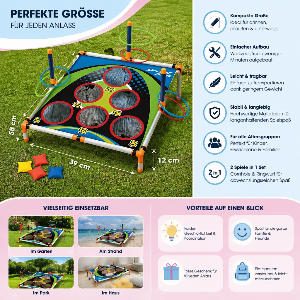 2in1 Cornhole & Ringe Wurfspiel Set | Leicht, Kompakt & Schnell Aufgebaut | Ideal für Garten, Strand und Reisen 6