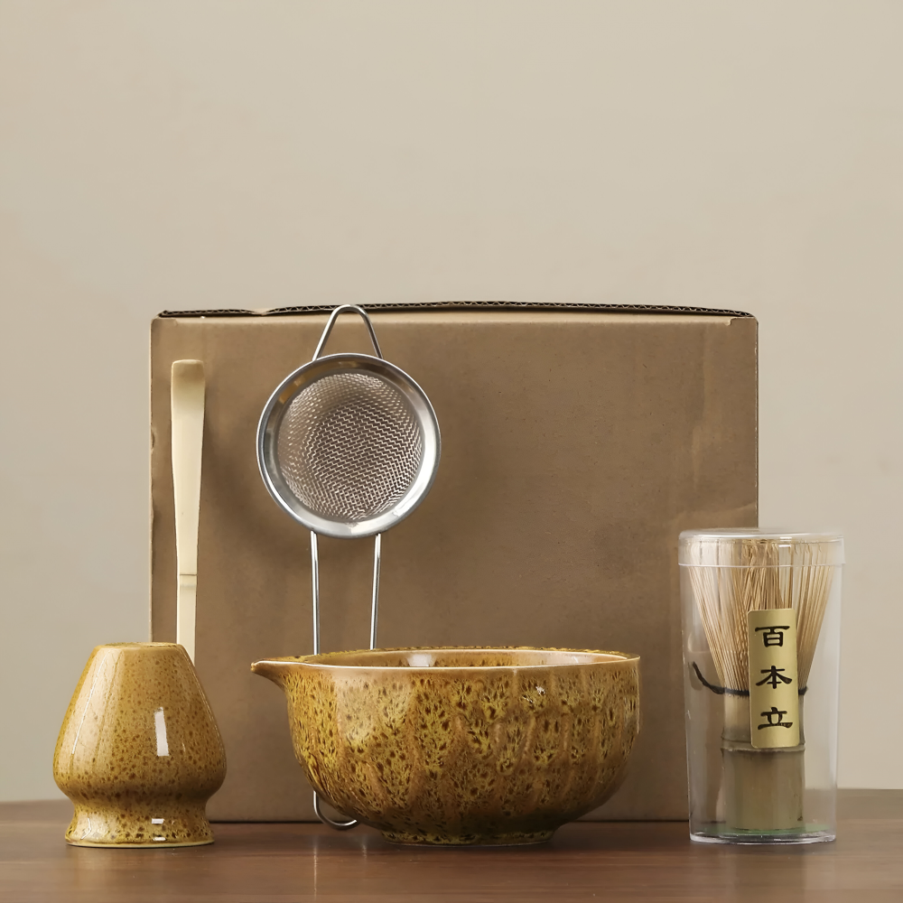 Matcha Set 5-teilig Keramik 14 x 6,8 cm | Handgefertigte Schale, Bambusbesen & Sieb | Ideal für Teezeremonie und Geschenk 3