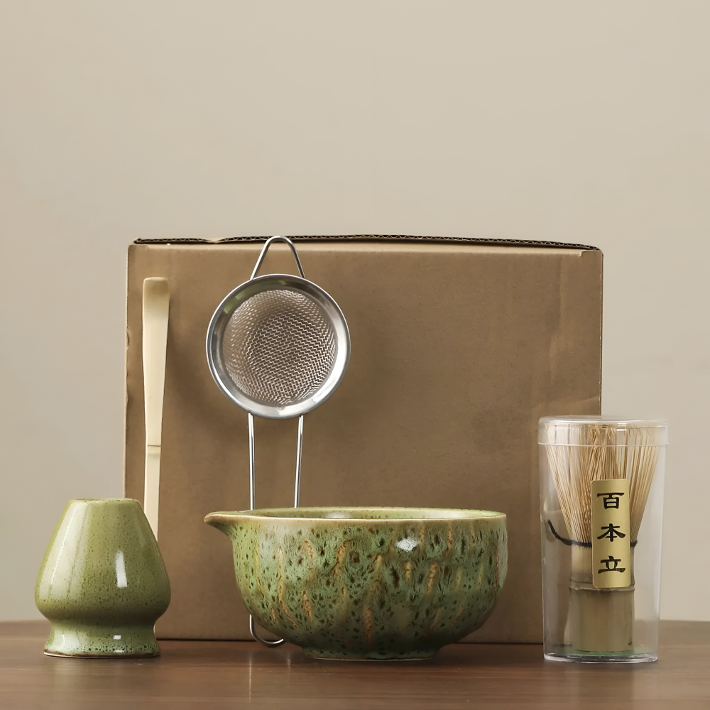Matcha Set 5-teilig Keramik 14 x 6,8 cm | Handgefertigte Schale, Bambusbesen & Sieb | Ideal für Teezeremonie und Geschenk 4