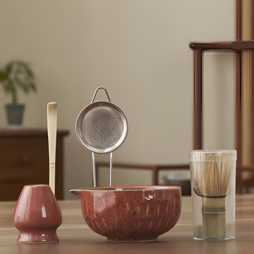 Matcha Set 5-teilig Keramik 14 x 6,8 cm | Handgefertigte Schale, Bambusbesen & Sieb | Ideal für Teezeremonie und Geschenk 2