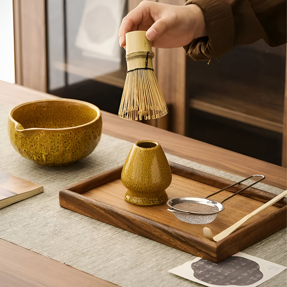Matcha Set 5-teilig Keramik 14 x 6,8 cm | Handgefertigte Schale, Bambusbesen & Sieb | Ideal für Teezeremonie und Geschenk 7