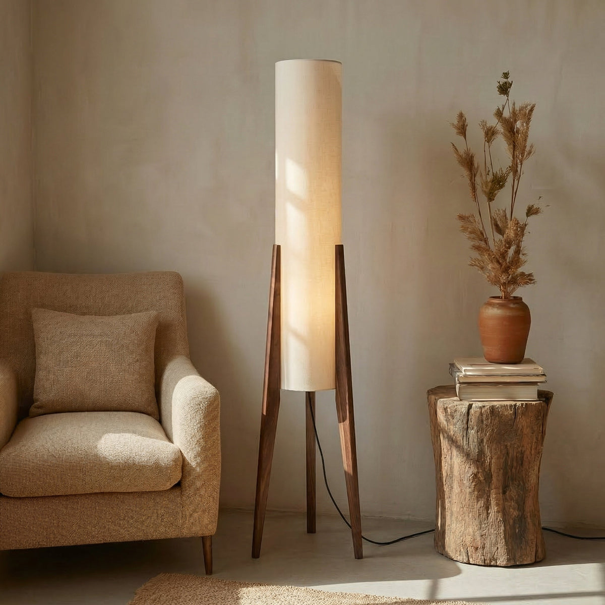 Stehlampe Walnussholz 127 cm | Stoffschirm mit Messingakzenten | Blendfreies LED-Licht für Wohnzimmer & Schlafzimmer 5