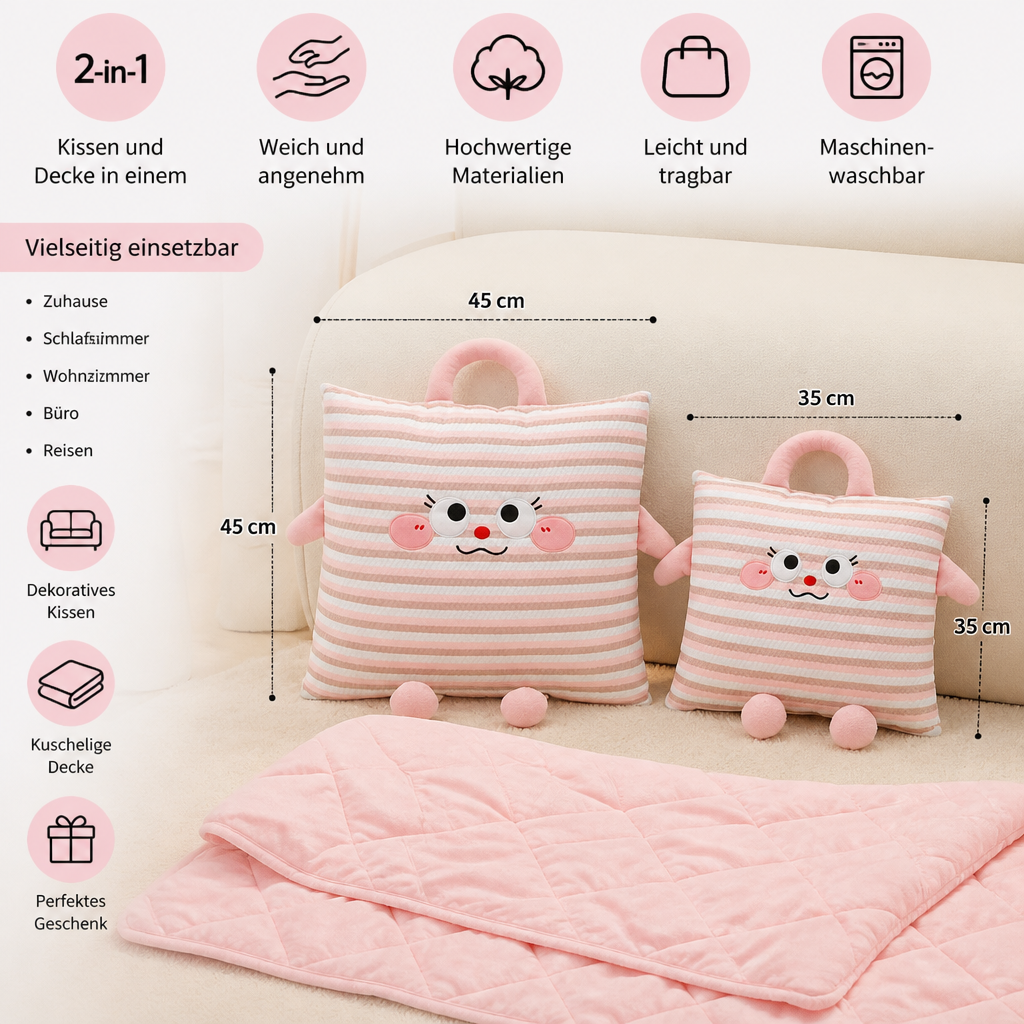 2-in-1 Kissen und Decke, Klein/Groß | Rosa, Grün, Blau | Weiches Material, waschbar, mit Tragegriff für unterwegs 5