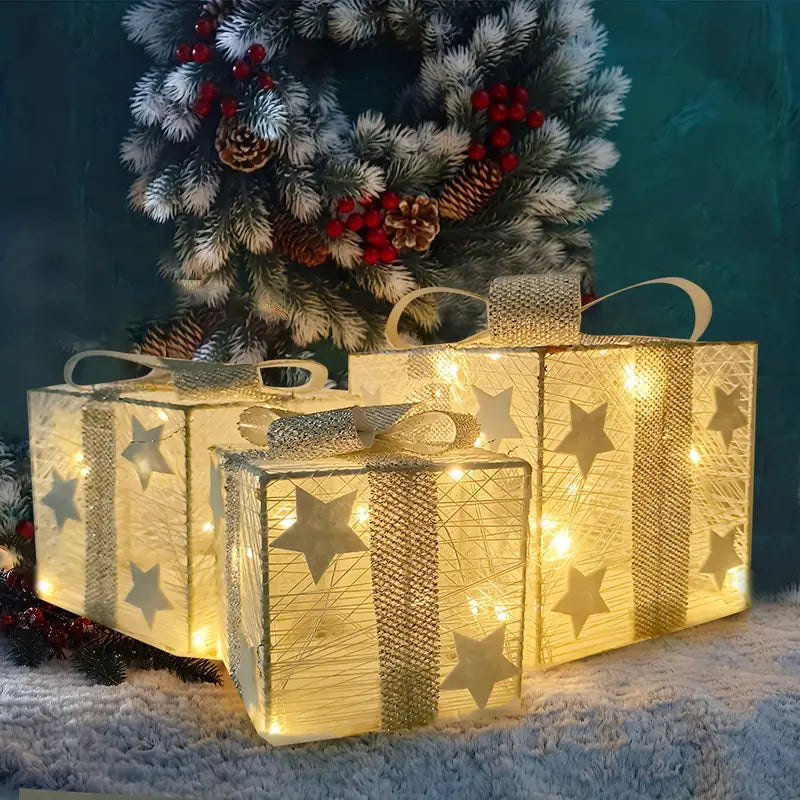 LED-Geschenkboxen Weihnachtsdeko | 3er-Set mit Sternmotiven & Schleifen | Batteriebetrieben, warmweißes LED-Licht 2