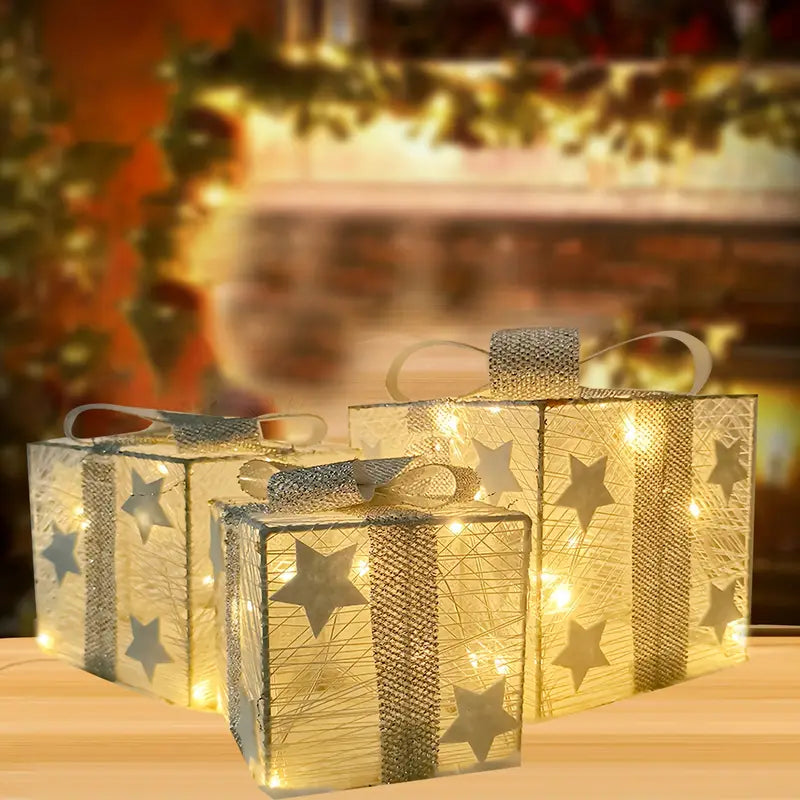 LED-Geschenkboxen Weihnachtsdeko | 3er-Set mit Sternmotiven & Schleifen | Batteriebetrieben, warmweißes LED-Licht 3